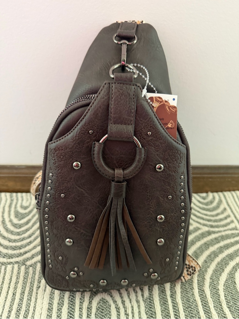 Dark Brown Tassel Studded Crossbody Sling Bag - Women